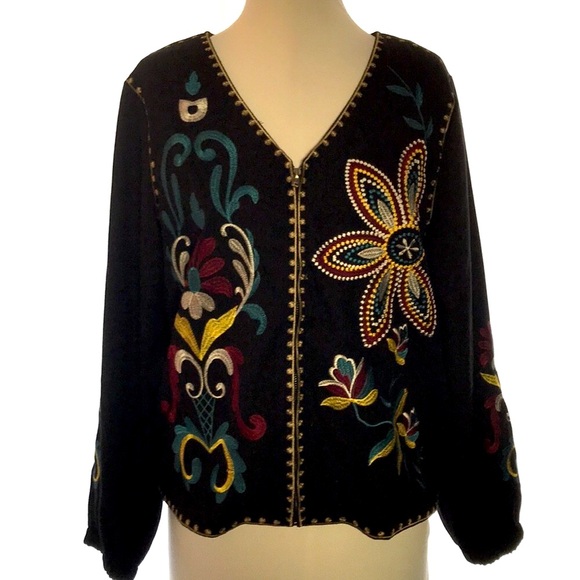 Women’s Sz S GROSY Boho Embroidered Crop Cardigan Sweater Long Sleeve Vtg Jacket - Picture 1 of 14